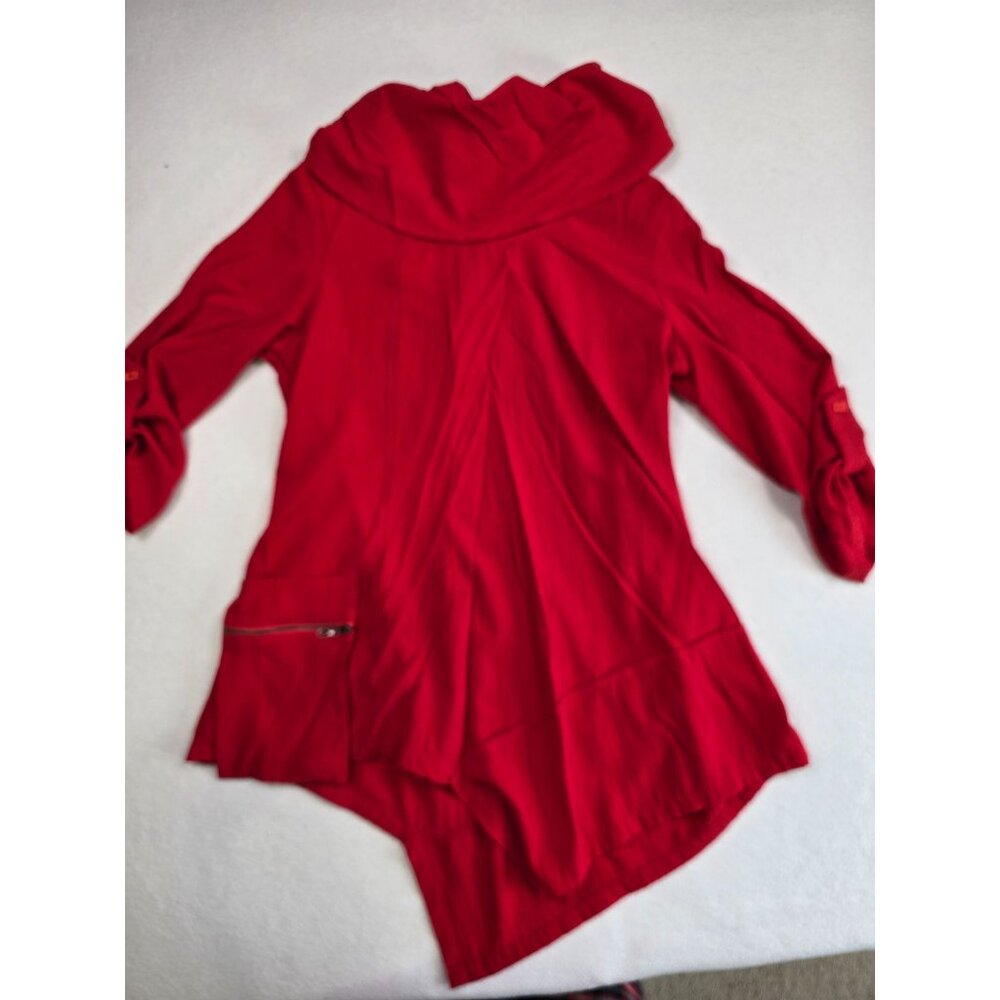 Ali Miles Red Asymmetrical Tunic Top M Art to Wear Lagenlook 3/4 Sleeve Cowl